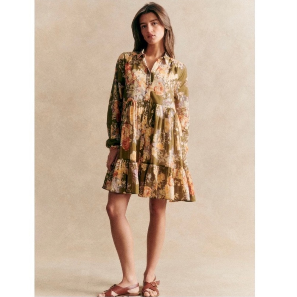 NWT Sezane Hilma Dress Olive Floral Long Sleeve Dress